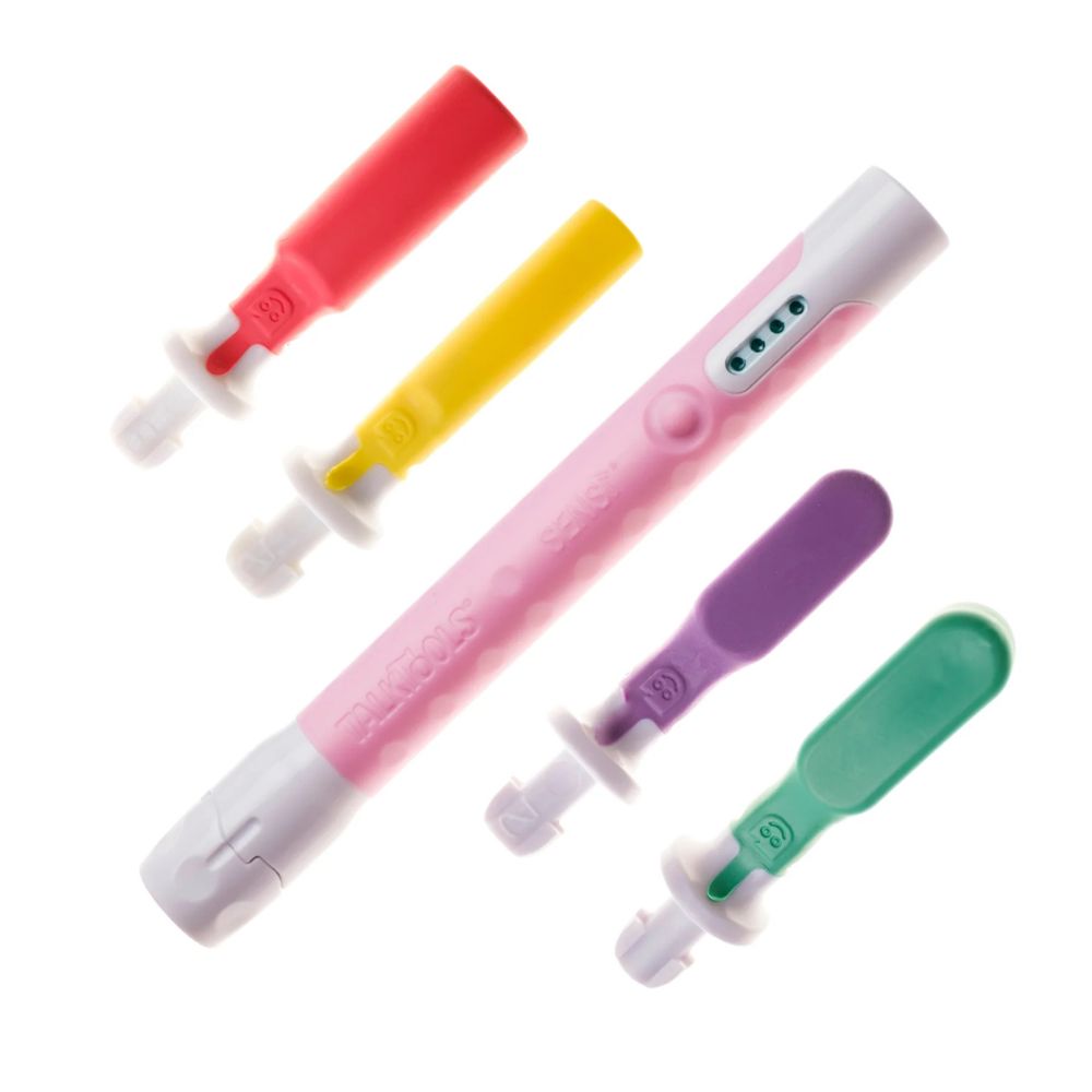 Sensi® Bite Tube Kit Sensi Bite Tube Kit de TalkTools: estimulador Sensi rosa con los cuatro cabezales rojo, amarillo, verde y morado