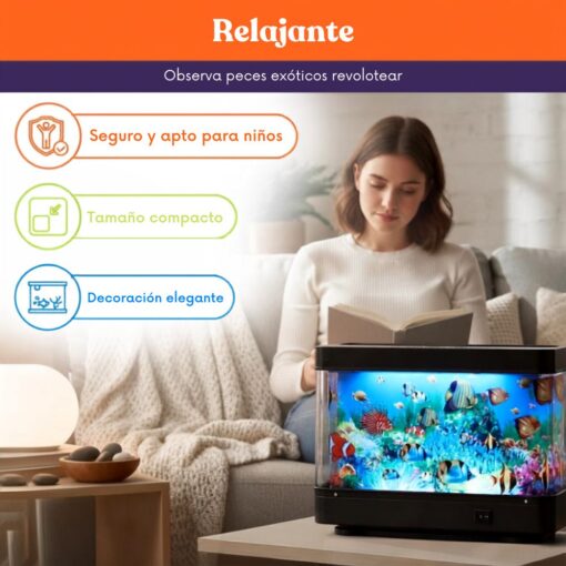 Lámpara acuario sensorial: mujer leyendo tranquila junto a la lámpara de peces, de Special Supplies
