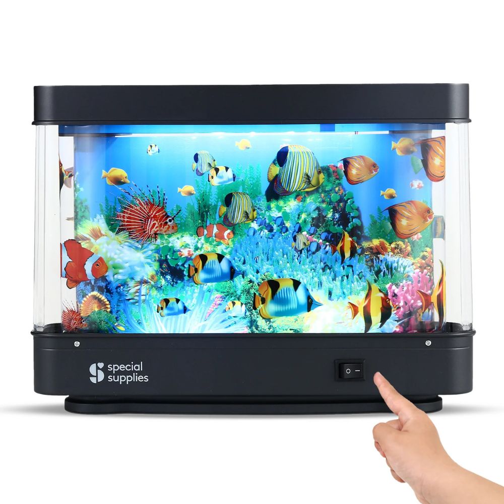 Special Supplies Vintage Aquarium Sensory Fish Lamp Moving Picture LED Light for Kids and adults Lámpara acuario sensorial: lámpara encendida con peces tropicales y dedo en el interruptor