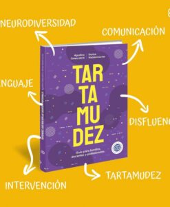 el mismo libro sobre fondo amarillo con flechas a seis temas Libro Tartamudez sobre fondo amarillo rodeado de sus temas: lenguaje, comunicación, disfluencia e intervención