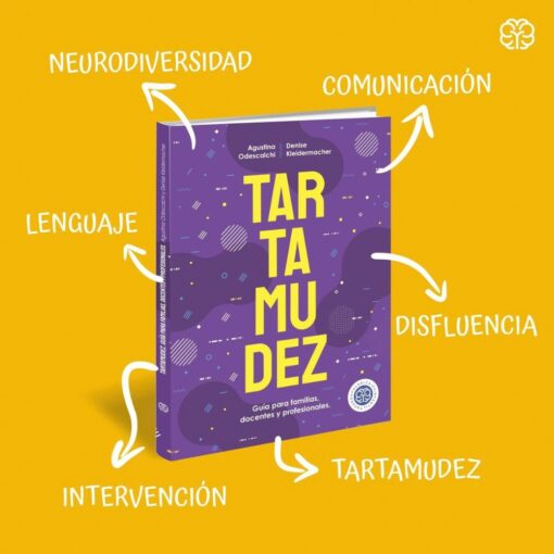 el mismo libro sobre fondo amarillo con flechas a seis temas Libro Tartamudez sobre fondo amarillo rodeado de sus temas: lenguaje, comunicación, disfluencia e intervención