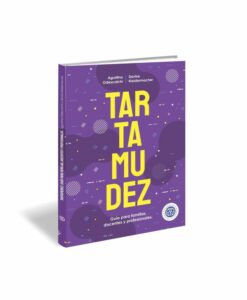 libro en 3D, portada morada con «TARTAMUDEZ» en amarillo y los nombres de las autoras Portada del libro Tartamudez, guía para familias, docentes y profesionales, de Odescalchi y Kleidermacher