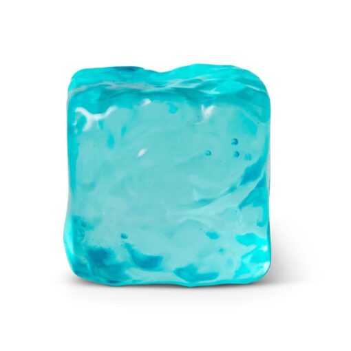 Cubo de azúcar squishy de Scrunchems: cubo azul de frente con su relleno blando, fidget sensorial