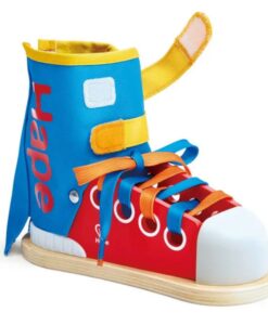 Zapatilla Tie-It de Hape: zapatilla con cordones de colores, velcro y suela de madera