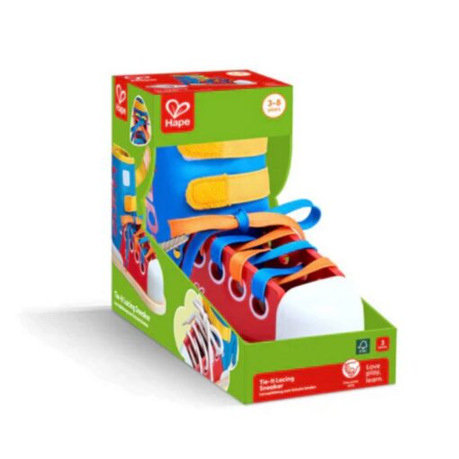 Zapatilla Tie-It de Hape: la zapatilla dentro de su caja, para aprender a atar los cordones