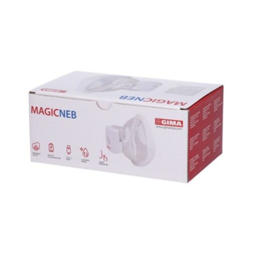 Caja del nebulizador de malla portátil MagicNeb de Gima en la que se ven el aparato y la mascarilla