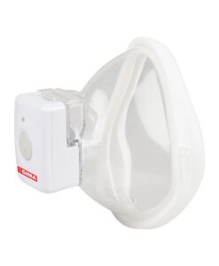 Nebulizador de malla manos libres de Gima acoplado a la mascarilla de adulto, visto de frente