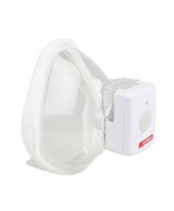 Vista lateral del nebulizador de malla Gima MagicNeb montado en la mascarilla para nebulizar sin manos