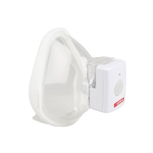 Vista lateral del nebulizador de malla Gima MagicNeb montado en la mascarilla para nebulizar sin manos