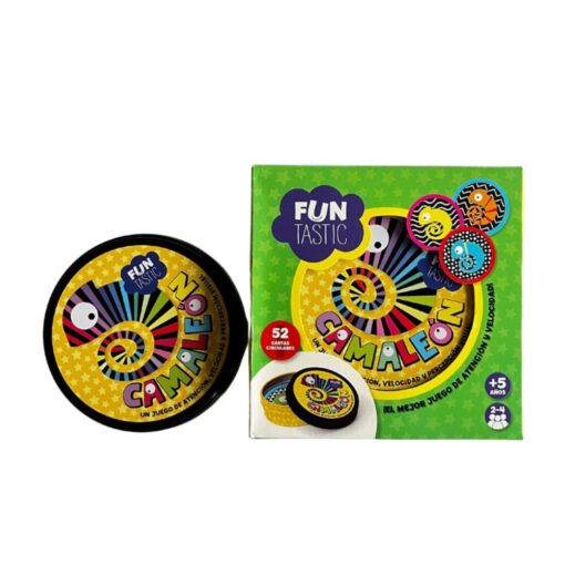 Camaleón de Funtastic: lata amarilla del juego junto a su caja verde, juego de cartas redondas
