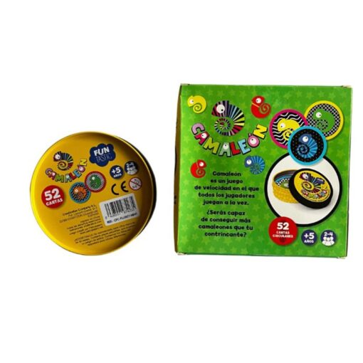 Camaleón de Funtastic: lata cerrada y trasera de la caja con las reglas, juego de cartas redondas