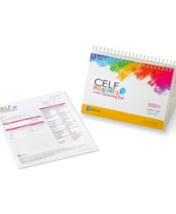 Cuaderno de estímulos del CELF-3 Preescolar de Pearson en formato caballete junto a un cuadernillo de anotación
