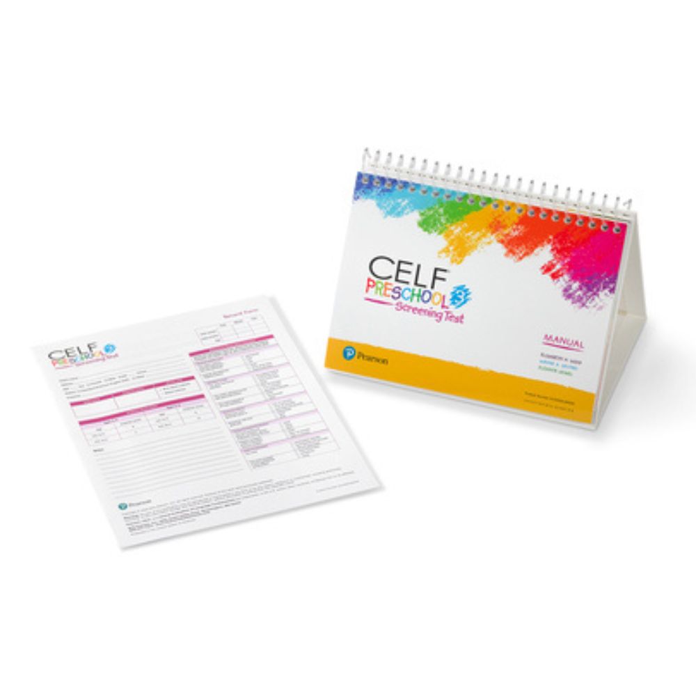 celf 3 preescolar Cuaderno de estímulos del CELF-3 Preescolar de Pearson en formato caballete junto a un cuadernillo de anotación