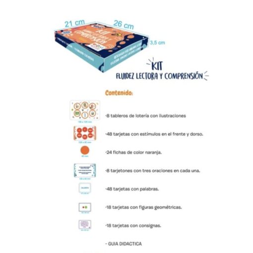 Caja del kit de fluidez lectora de 26 × 21 × 3,5 cm y lista de su contenido: loterías, tarjetas y guía