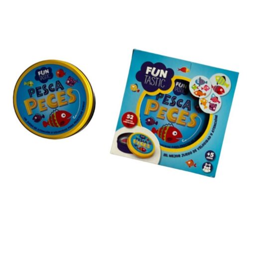 Pesca peces de Funtastic: lata redonda del juego junto a su caja, juego de cartas para practicar sumas