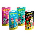 Stacking Challenge de HABA: los 4 sobres de la serie: unicornios, animales, vehículos y fútbol