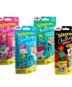 Stacking Challenge de HABA: los 4 sobres de la serie: unicornios, animales, vehículos y fútbol