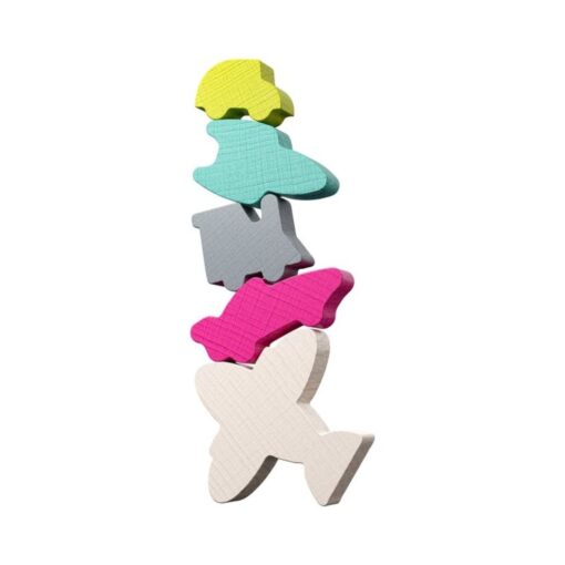 Stacking Challenge de HABA: torre de 5 vehículos de madera en equilibrio, reto de apilar de madera
