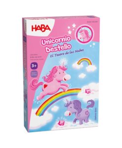 Unicornio Destello de HABA: caja del juego con unicornios, nubes y arcoíris, juego de mesa para niños desde 3 años