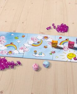 Unicornio Destello de HABA: tablero de nubes sobre el suelo con cristales rosas y dados