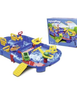 AquaPlay LockBox: circuito de agua azul abierto con esclusa, grúa amarilla y barcos junto a su caja