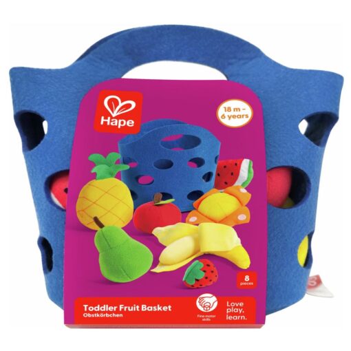 Cesta de frutas de tela de Hape: cesta azul con la etiqueta de Toddler Fruit Basket, de 18 meses a 6 años y 8 piezas