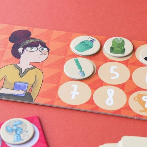 Juego Where are my socks? de Londji: tablero de una mujer con gafas con fichas sobre los números