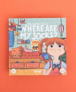 Juego Where are my socks? de Londji: caja con una niña pelirroja y su habitación desordenada