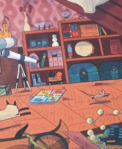 Juego Where are my socks? de Londji: tablero de la habitación con telescopio, estantes y objetos por el suelo