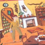 Juego Where are my socks? de Londji: tablero de un salón con una mujer, chimenea y estanterías
