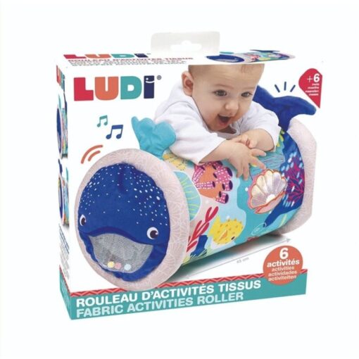 Baby Roller Ballena de Ludi: caja del rulo de actividades de tela con un bebé jugando boca abajo