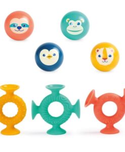 Smac Pop de Ludi: las cuatro bolas con cara de perezoso, mono, pingüino y león y tres ventosas