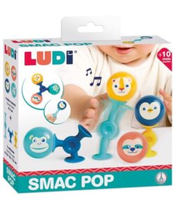 Smac Pop de Ludi: caja con un bebé jugando con las ventosas y las bolas con caras de animales