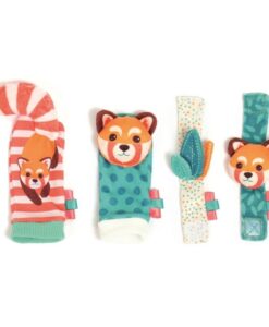Calcetines y pulseras sonajero de Ludi: dos calcetines y dos pulseras con cabeza de panda rojo, rayas y hojas de tela
