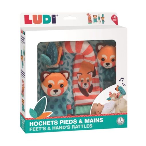 Calcetines y pulseras sonajero de Ludi: caja con los calcetines y pulseras de panda rojo vistos por la ventana