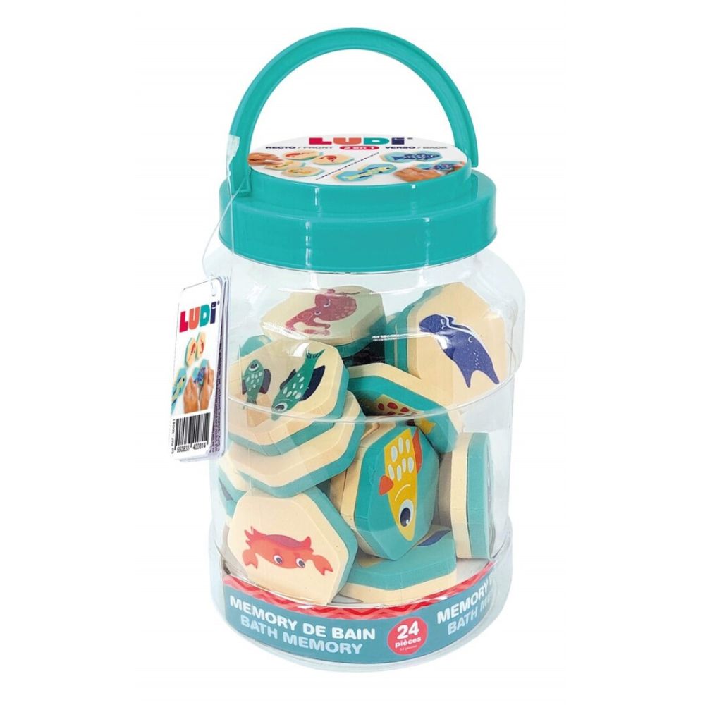Ludi Puzzle para baño Memory de baño de Ludi: bote transparente con asa turquesa lleno de piezas hexagonales de espuma