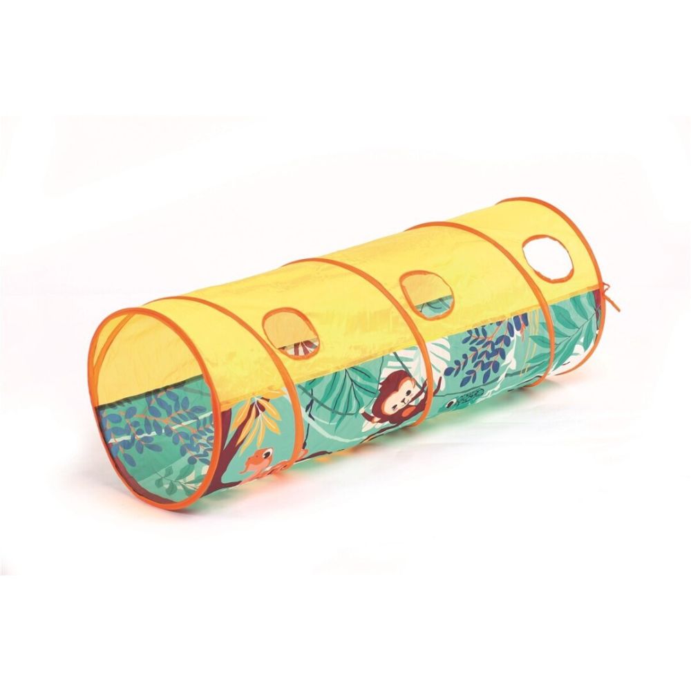 Ludi Túnel de juego Túnel de juego infantil Jungla de Ludi: túnel desplegado con tela amarilla y ventanas laterales con dibujos de jungla