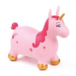 Unicornio saltarín hinchable de Ludi: unicornio hinchable rosa con crin fucsia, estrellas y cascos y cuerno dorados