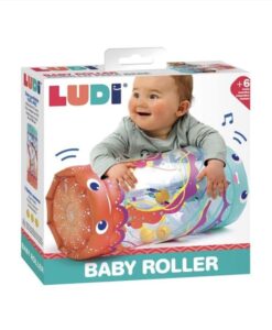 Baby Roller Medusa de Ludi: caja del rulo hinchable con un bebé apoyado en él y el aviso de más de 6 meses