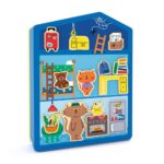 InZeHouse de Djeco: cara azul con el desván, el dormitorio con litera y osito y la cocina con horno