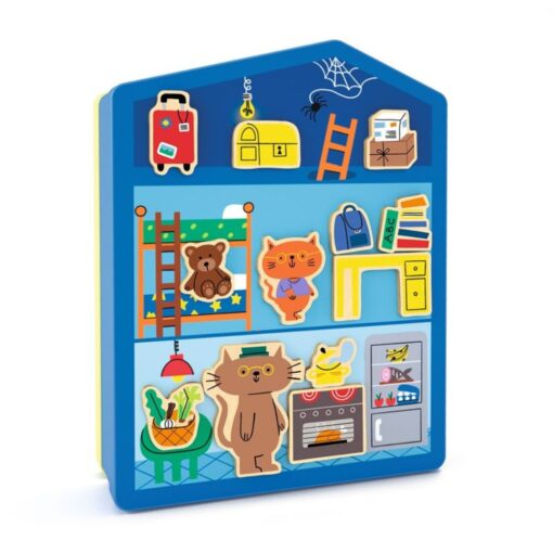 InZeHouse de Djeco: cara azul con el desván, el dormitorio con litera y osito y la cocina con horno