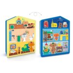 InZeHouse de Djeco: las dos caras de la casa metálica, amarilla y azul, con imanes de gatos y muebles