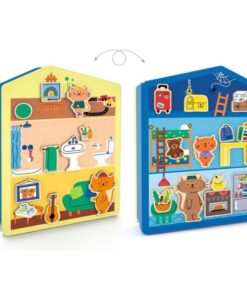 InZeHouse de Djeco: las dos caras de la casa metálica, amarilla y azul, con imanes de gatos y muebles