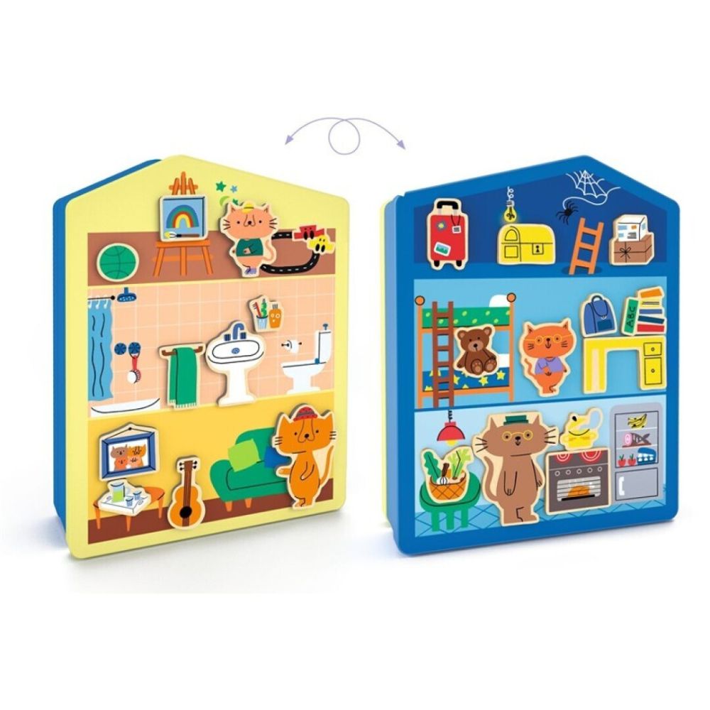 Magnéticos InZeHouse InZeHouse de Djeco: las dos caras de la casa metálica, amarilla y azul, con imanes de gatos y muebles