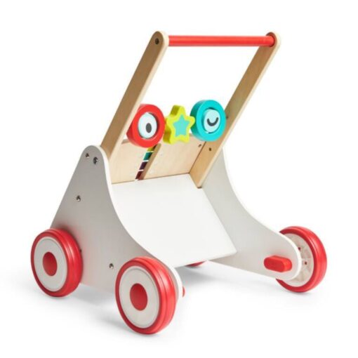 Andador musical de madera de Hape: andador visto desde atrás con el asa roja, las ruedas y los bloques giratorios