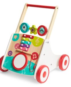 Andador musical de madera de Hape: andador blanco y rojo con xilófono, tambor y tres bloques giratorios