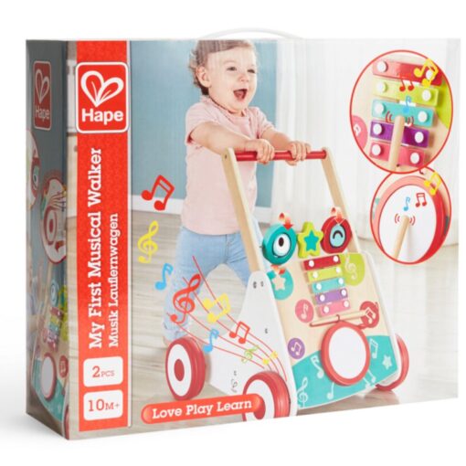 Andador musical de madera de Hape: caja de My First Musical Walker con un bebé empujando el andador, 10 meses y 2 piezas