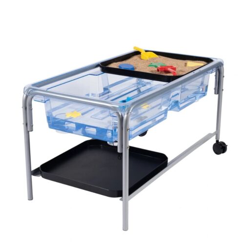 Mesa sensorial de agua y arena Edx: mesa sensorial de frente con la bandeja transparente y una tapa negra abajo