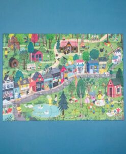 Puzzle de misterio de Londji: puzzle montado: un pueblo con casas, río, parque y muchos personajes