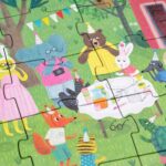 Puzzle de misterio de Londji: detalle de la fiesta con el elefante, el oso, el conejo y el zorro con gafas